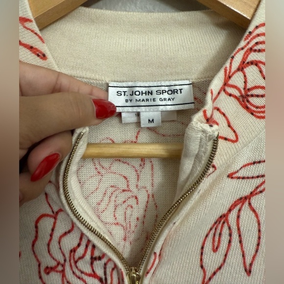 St. John Sport by Marie Gray Red Floral Zip Up Sweater - Picture 3 of 9